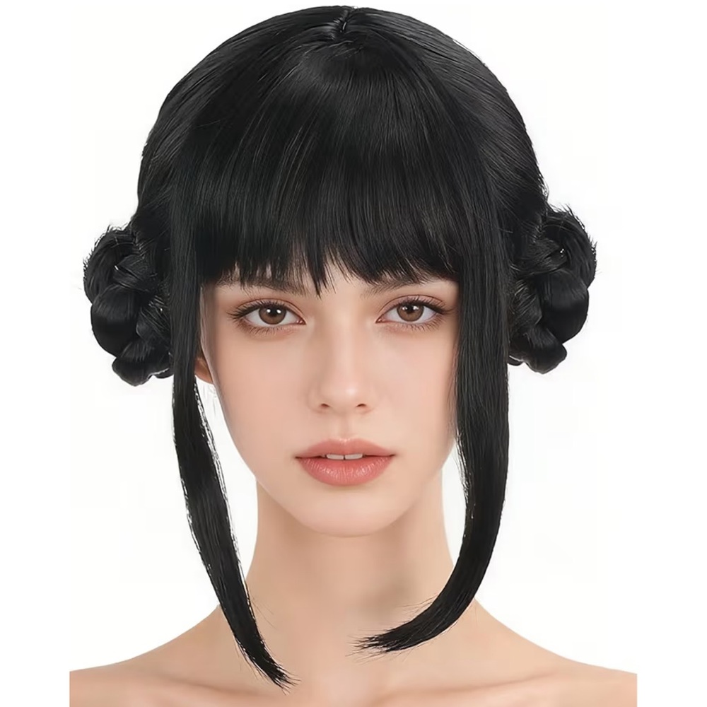 Black Synthetic Women's Wig with Side Locks and Braided Buns